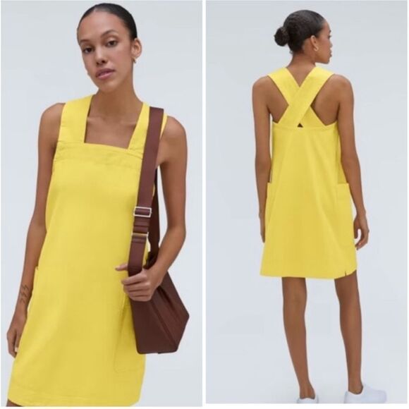 EVERLANE The Cross-Back Apron Mini Denim Dress Organic Cotton in Lemon Small - Picture 1 of 10